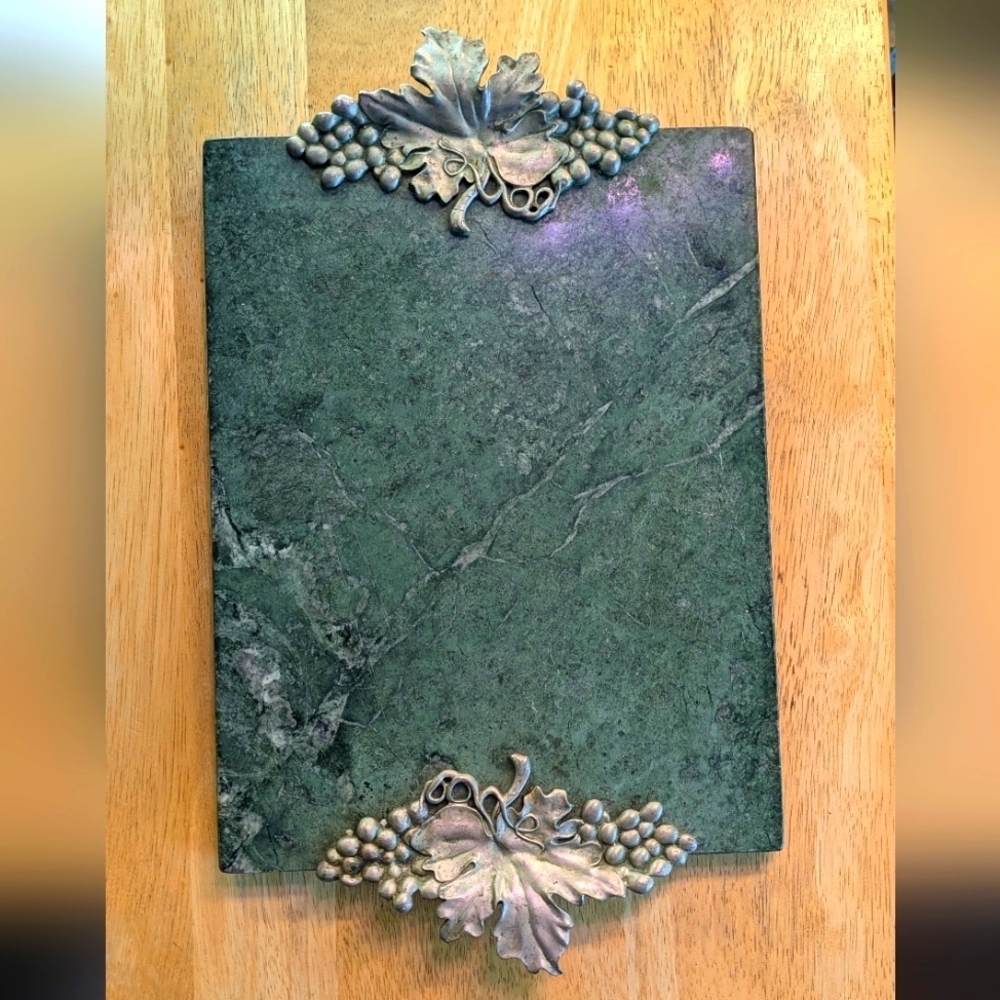EUC 1991 Seagull Pewter Green Marble Slab Tray with Grape Motif